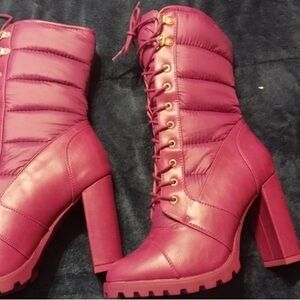 Quilted Lace-Up High Heel Boots in Burgundy